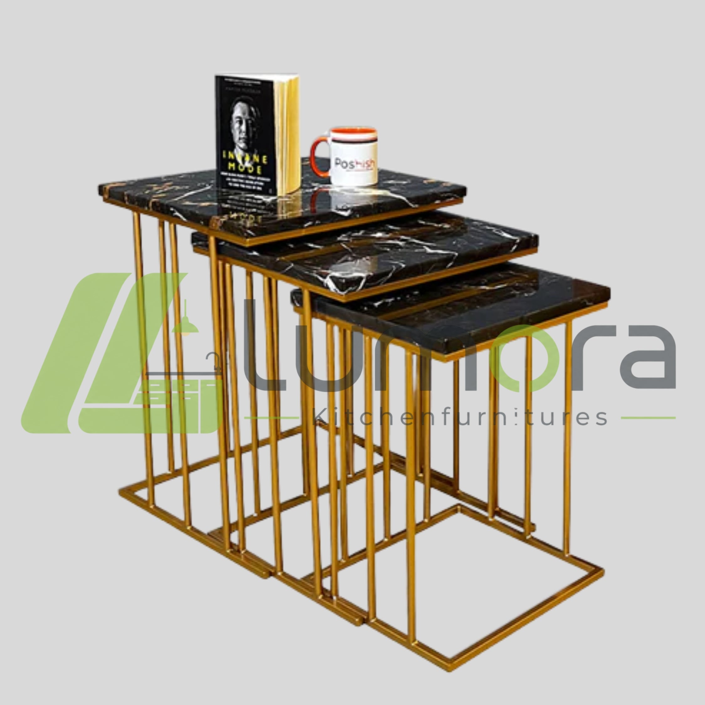 3-Piece Square Nesting Table Set – Wooden Marble Texture Top with Iron Frame (Living Room)