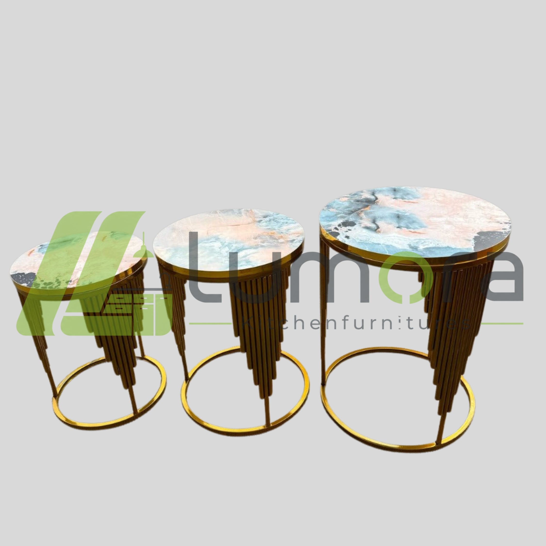 Luxury 3-Piece Nesting Table Set – Marble Texture Wooden Top with Metal Frame (Living Room)