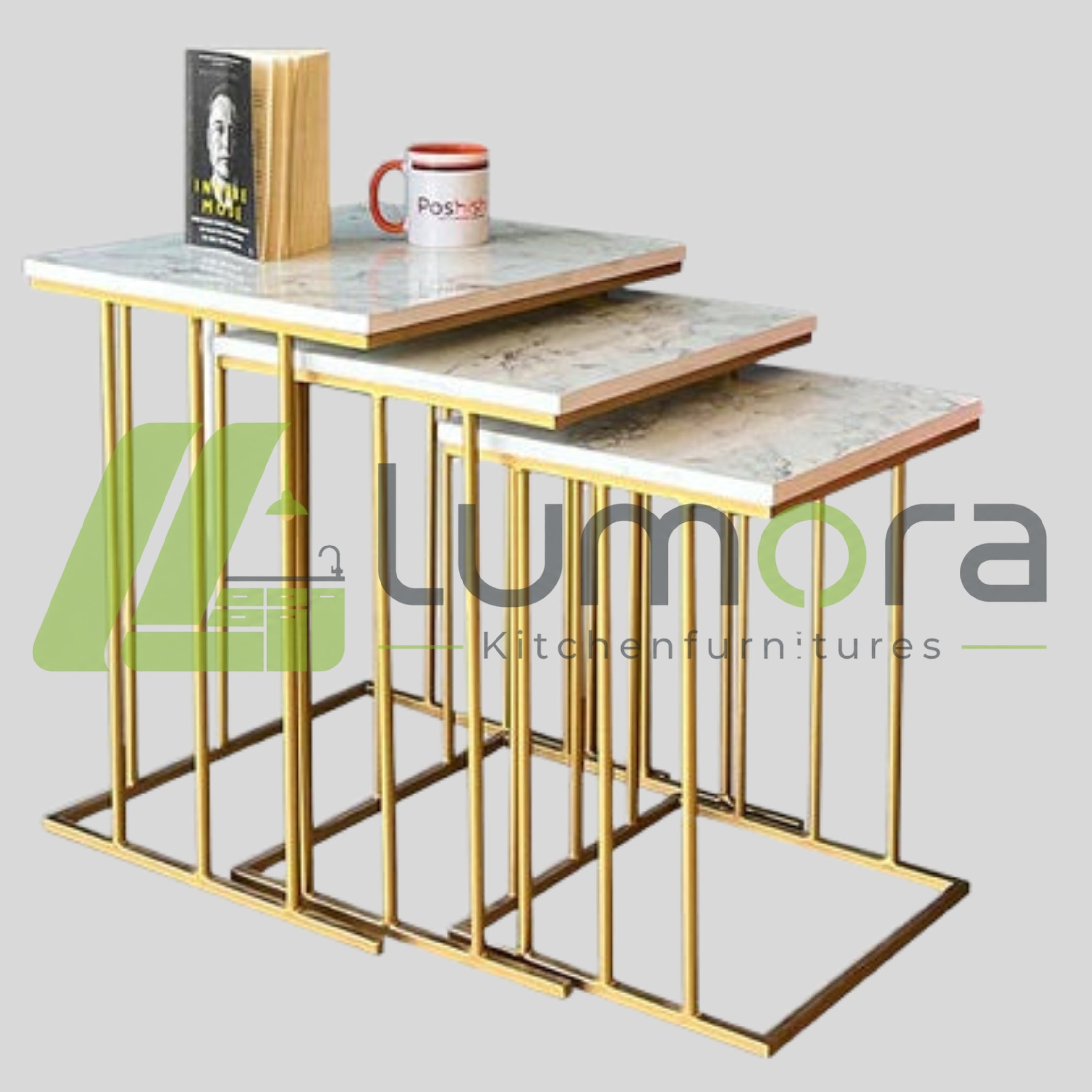 3-Piece Square Nesting Table Set – Wooden Marble Texture Top with Iron Frame (Living Room)