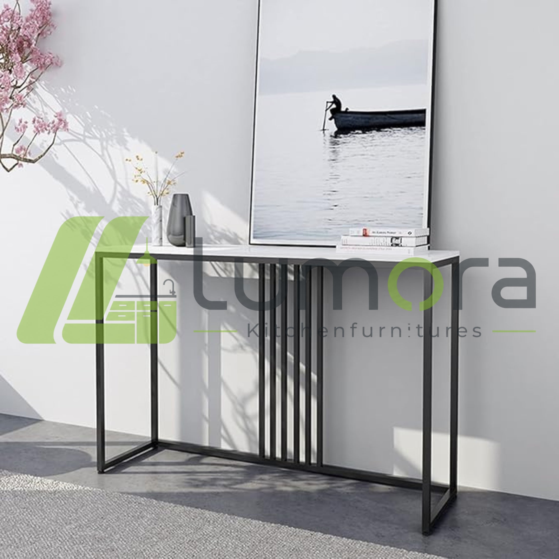 Marble Console Table 80x30x80CM – Modern Narrow Side Table with Metal Frame (Brown)